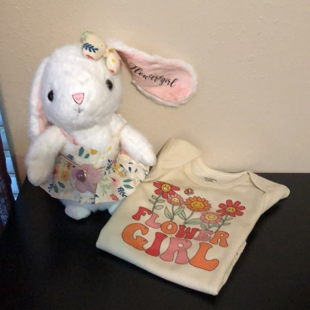 Gerber 12 months Flower Girl Onesie and 10" Stuffed Bunny Set Wedding Gift NEW